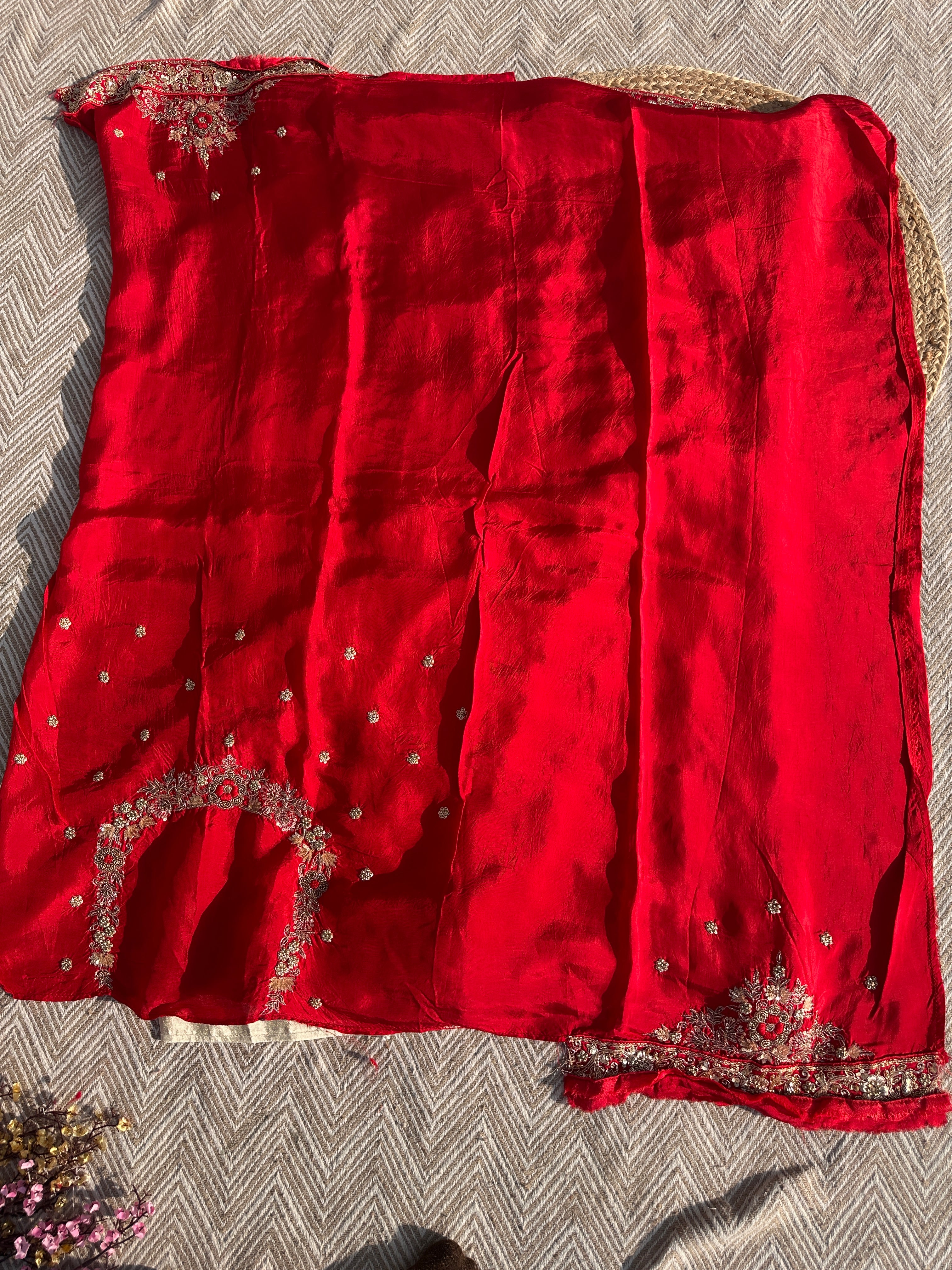 Cream Tissue Saree with Unstitched Blouse with Zari, Dabka, Sequins and Hand Work Embroidery 9